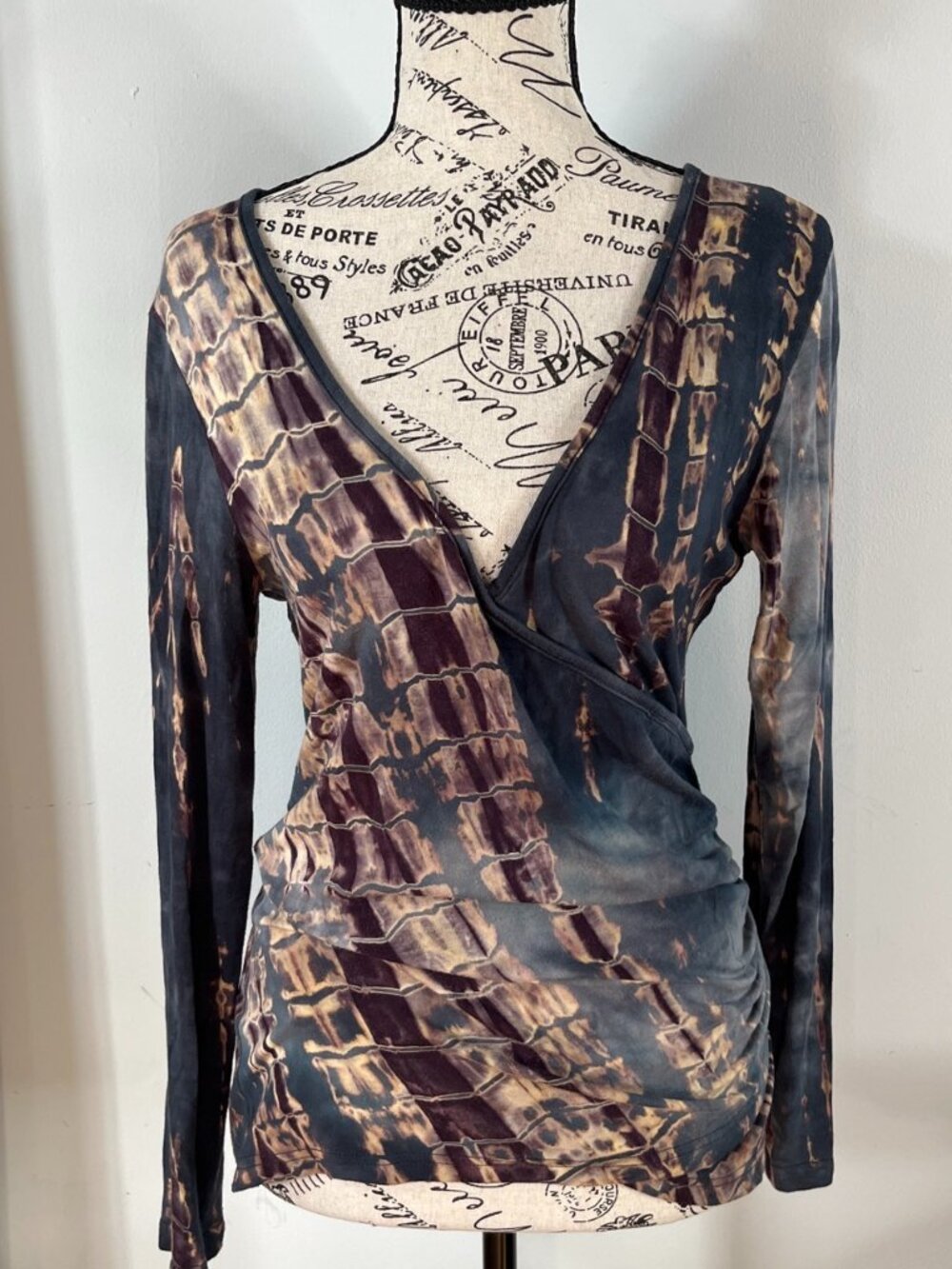 Y2K Grunge Tie Dye Halloween Faux Wrap Fitted Long Sleeve Stretch Morute Top
